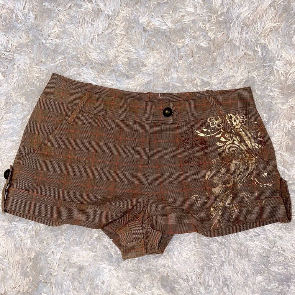 FANG Brown Plaid High Waist Shorts with Gold Accents